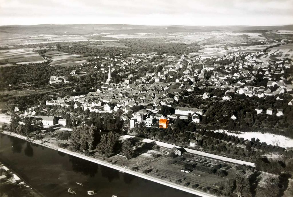 Freie Schule Christophine in Marbach am Neckar · historische Luftaufnahme, vermutlich Mitte 20. Jahrhundert