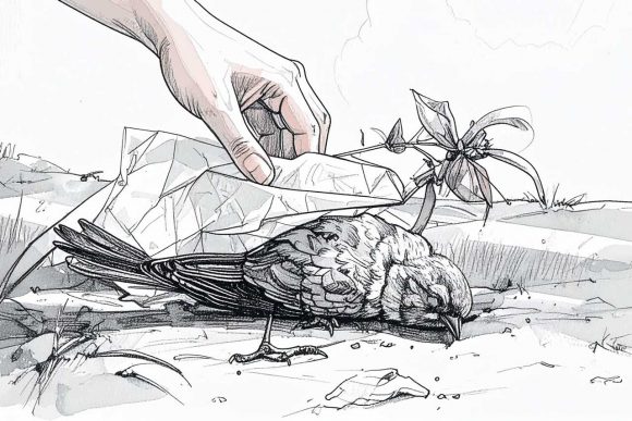 Eine Hand birgt mit Papier einen toten Vogel.