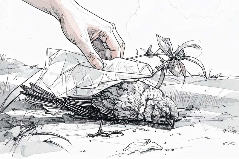 Eine Hand birgt mit Papier einen toten Vogel.